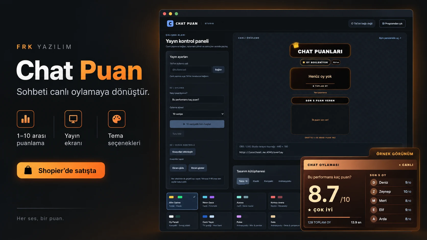 Chat Puan yayın kontrol paneli ve örnek puanlama ekranı